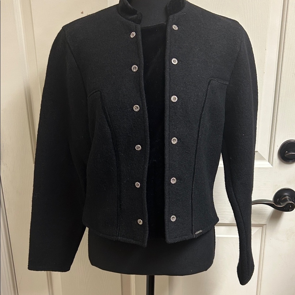 Geiger Tyrol women's boiled wool black blazer with silver buttons, Size 40, EUC